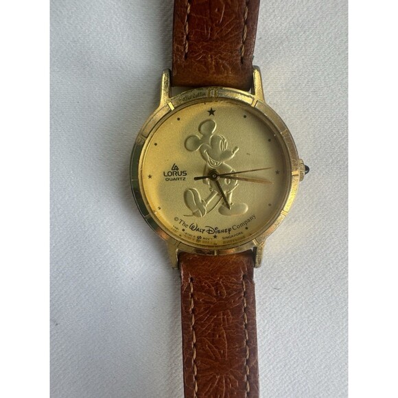 Vintage Lorus Disney Mickey Mouse Watch Gold Dial Brown Leather Quartz Runs main image 9